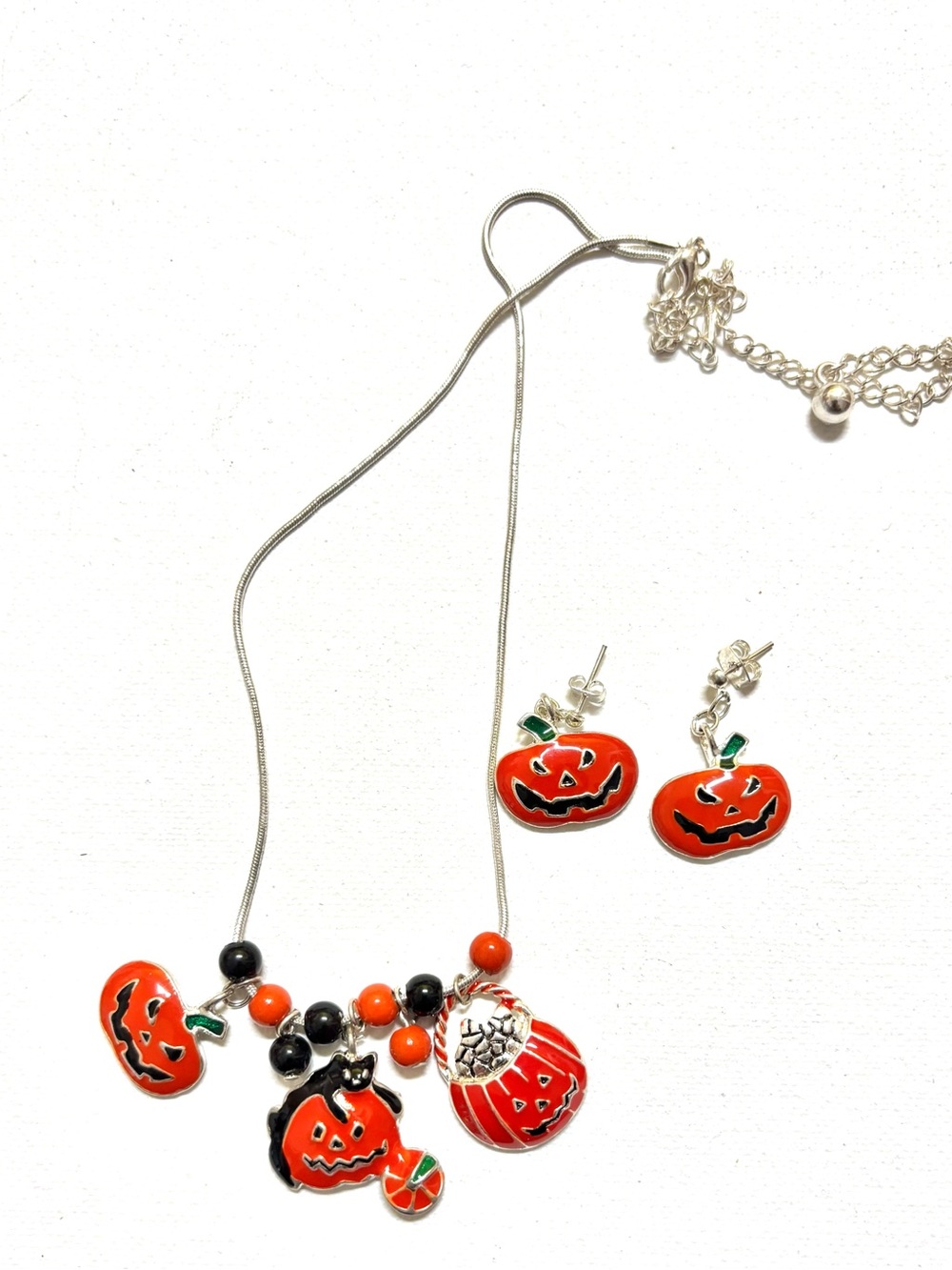 Halloween Jack-o’-lantern Enamel Necklace and Earrings Set